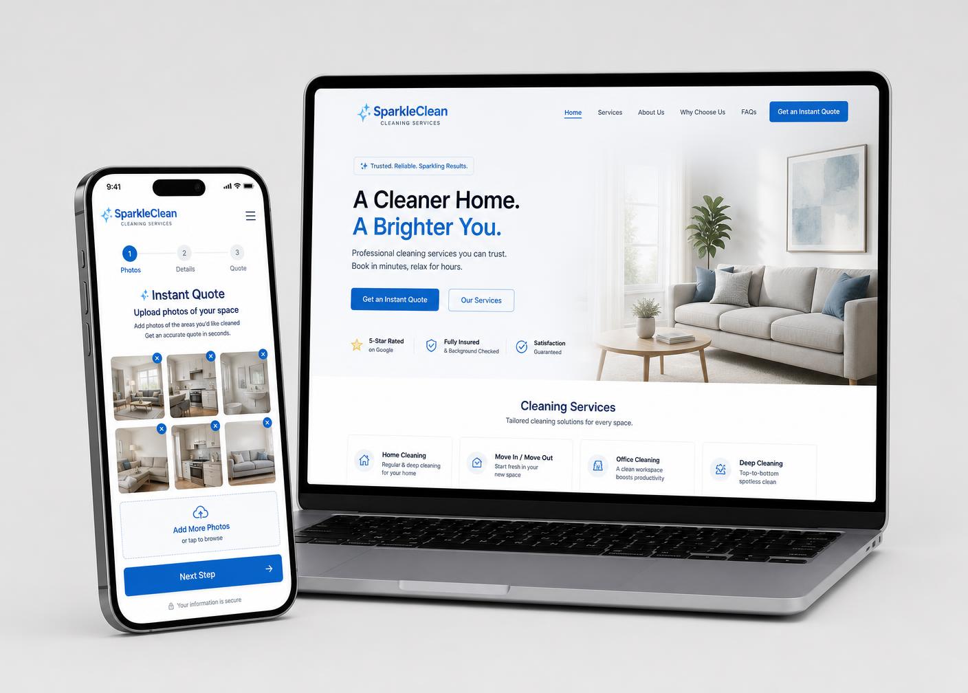 A branded cleaning company website on a laptop next to the photo instant quote flow on a phone